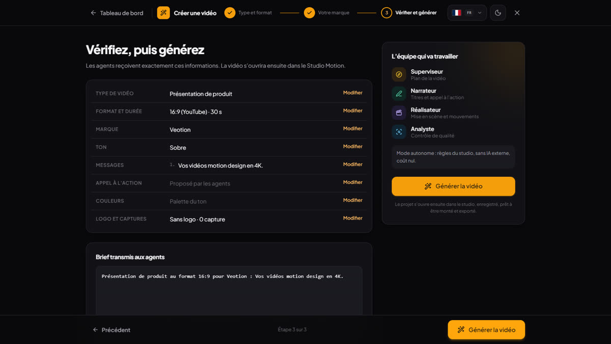 L’écran « Vérifier et générer » : le récapitulatif et le bouton « Générer la vidéo »